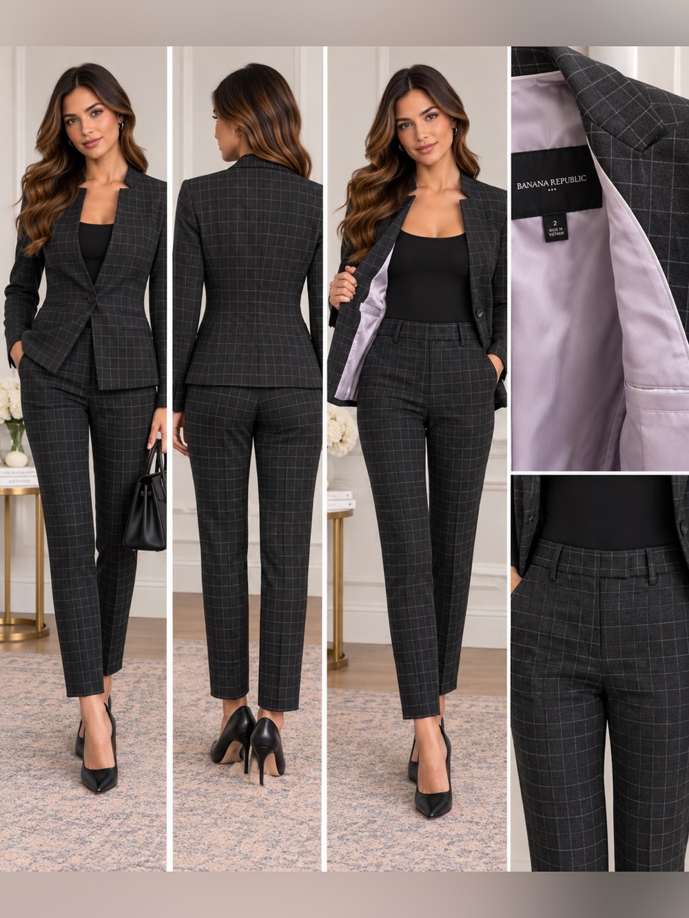 Banana Republic Dark Charcoal Windowpane Tailored Suit Pants